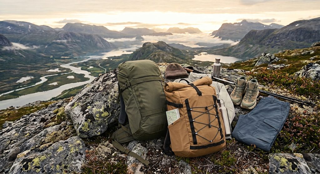 Fjällrävenのギアを山の稜線に置いたイメージカット