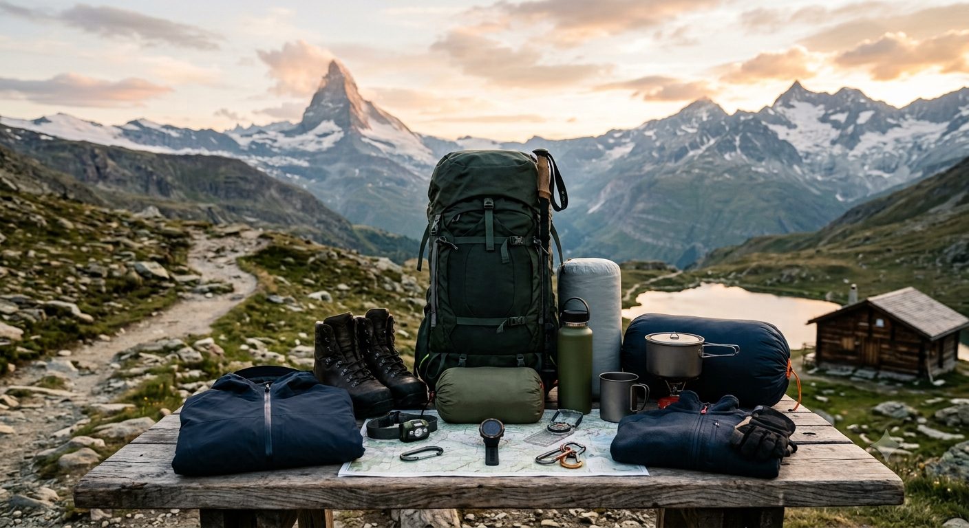 山を背景に並べられた登山用バックパック・レインウェア・調理器具などの登山装備一式