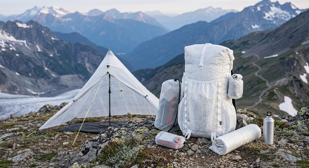 Hyperlite Mountain Gearのギアを山の稜線に置いたイメージカット